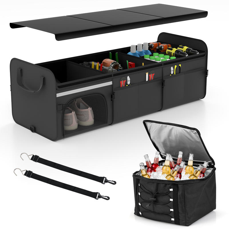 Car Organizer - 18 ガロン車用トランクオーガナイザー 蓋付き 3コンパートメントポータブル収納ボックス-ブラック