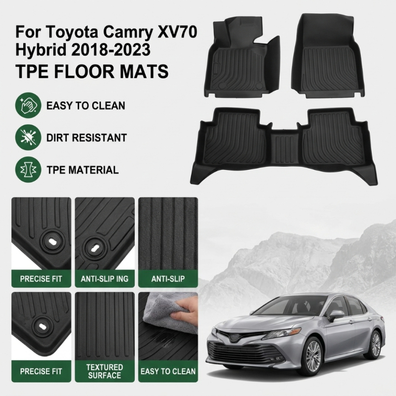 Car Floor Mat - トヨタカムリXV70ハイブリッド2018-2023年モデル（左ハンドル）用TPE製カーフロアマット、後部座席一体型フロアマット、カーゴライナーTPE